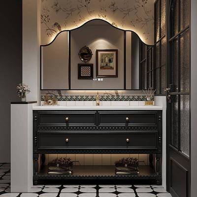 法式复古橡木浴室柜组合美式岩板热弯陶瓷一体卫生间洗手盆洗漱台