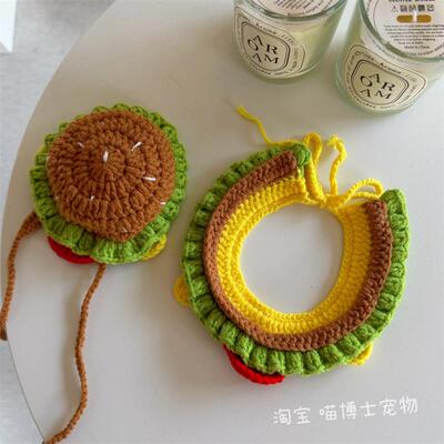 猫咪项圈汉堡包手工编织项圈毛线编织狗狗宠物汉堡头套头饰帽子