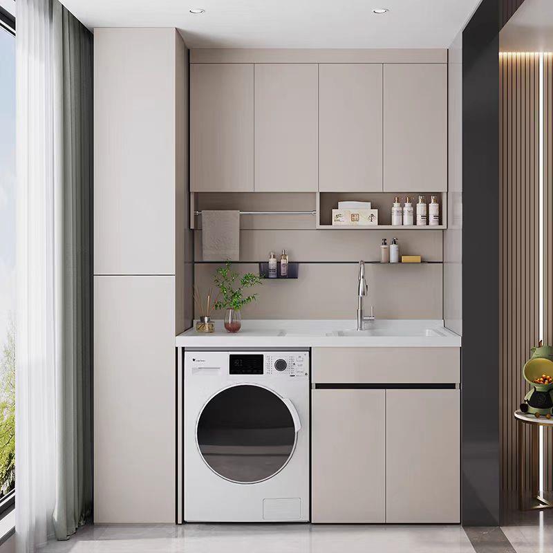 定制阳台洗衣机烘干机一体柜叠放组合柜带搓板台面定制全铝储物柜