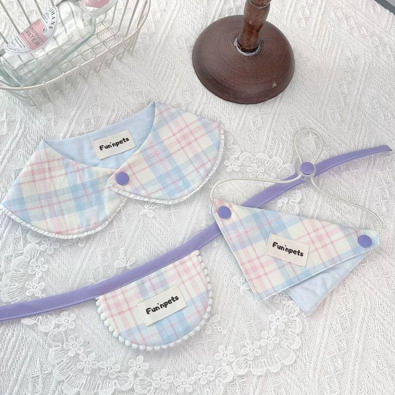 INS韩国宠物围兜宠物纯棉格子披肩猫咪狗狗口水巾小中大犬三角巾