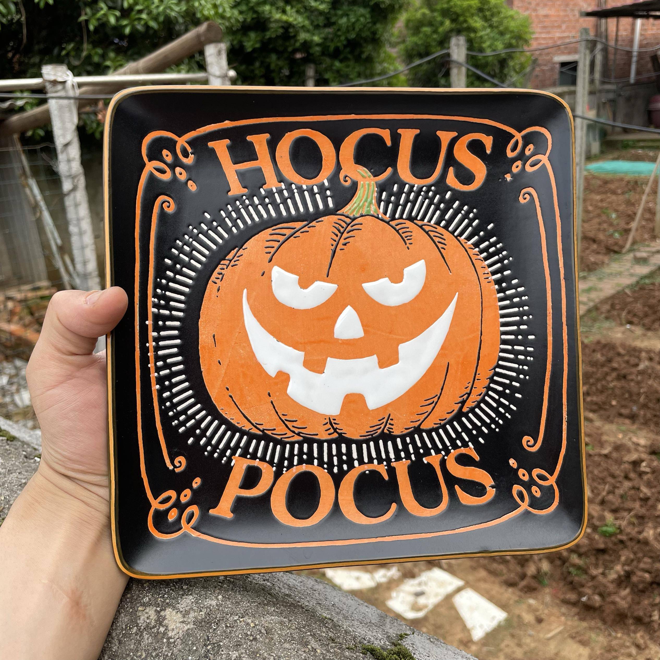 高颜值陶瓷正方形盘ins风插画手绘南瓜浮雕寿司盘甜点盘茶托可爱