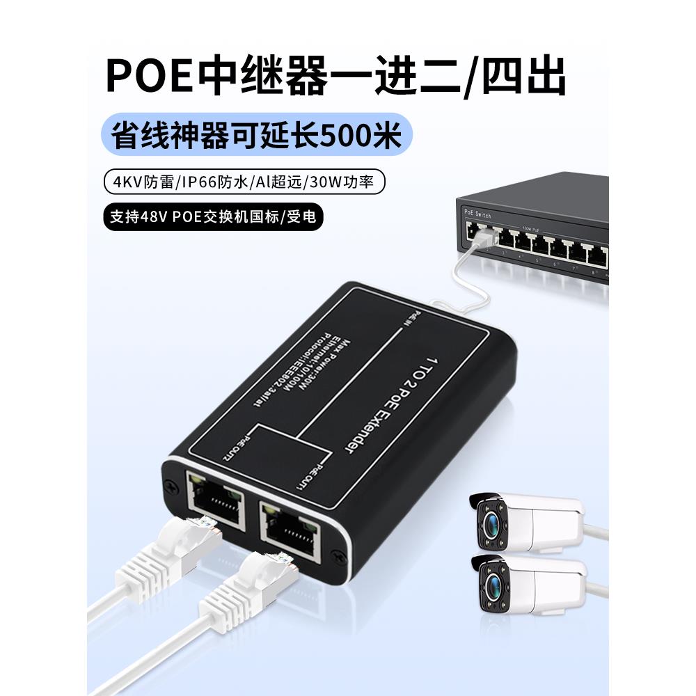 POE中继器一分二国标千兆网络延长分离器级联防水一拖四48v供电AP