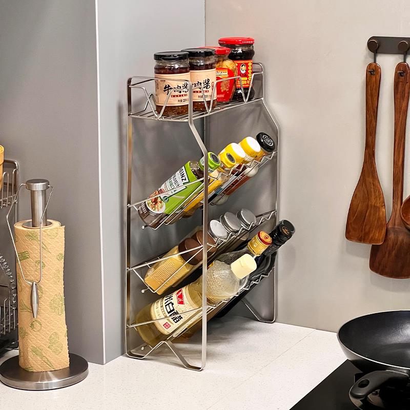 不锈钢厨房调料置物架酱油醋调味料瓶罐收纳架免安装台面储物杯架