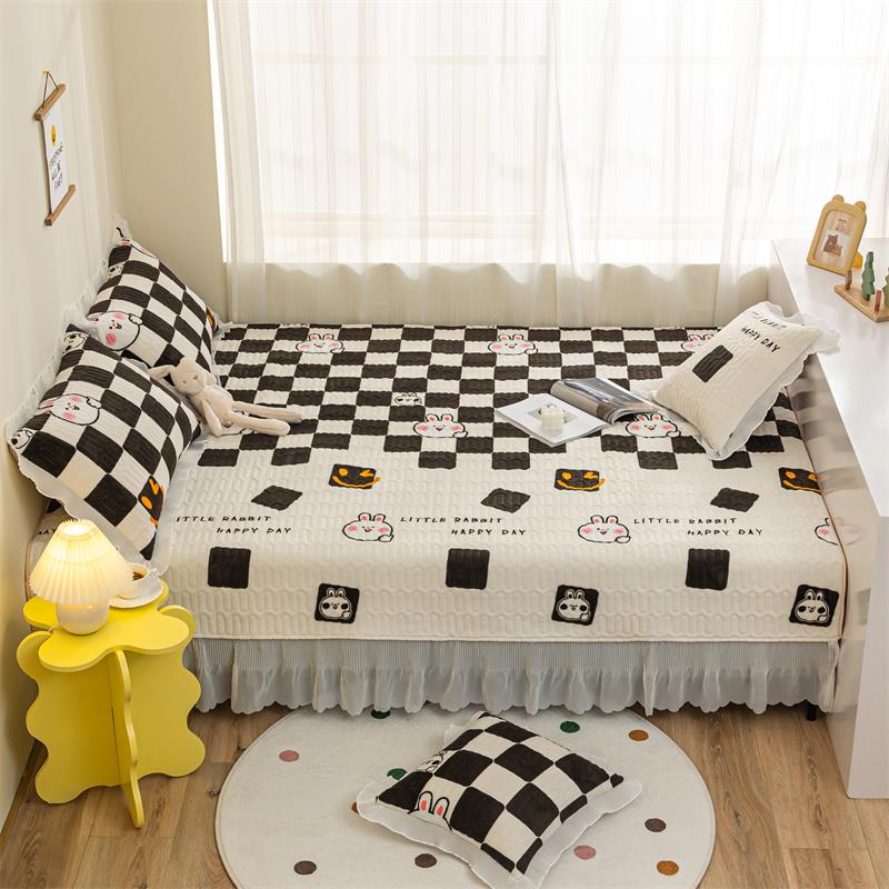 牛奶绒榻榻米床盖夹棉防滑大炕盖三件套一面床裙炕罩可定制炕铺盖