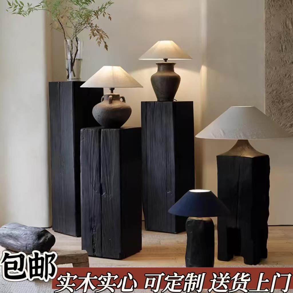 北欧根雕侘寂风覆古碳化玄关摆件花架艺术底座茶几增高方形木墩子