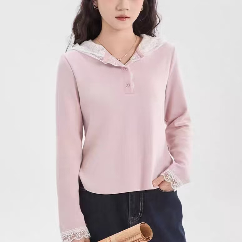 ZK-66267 重工钩花蕾丝拼接连帽T恤女【实物以直播间为准】