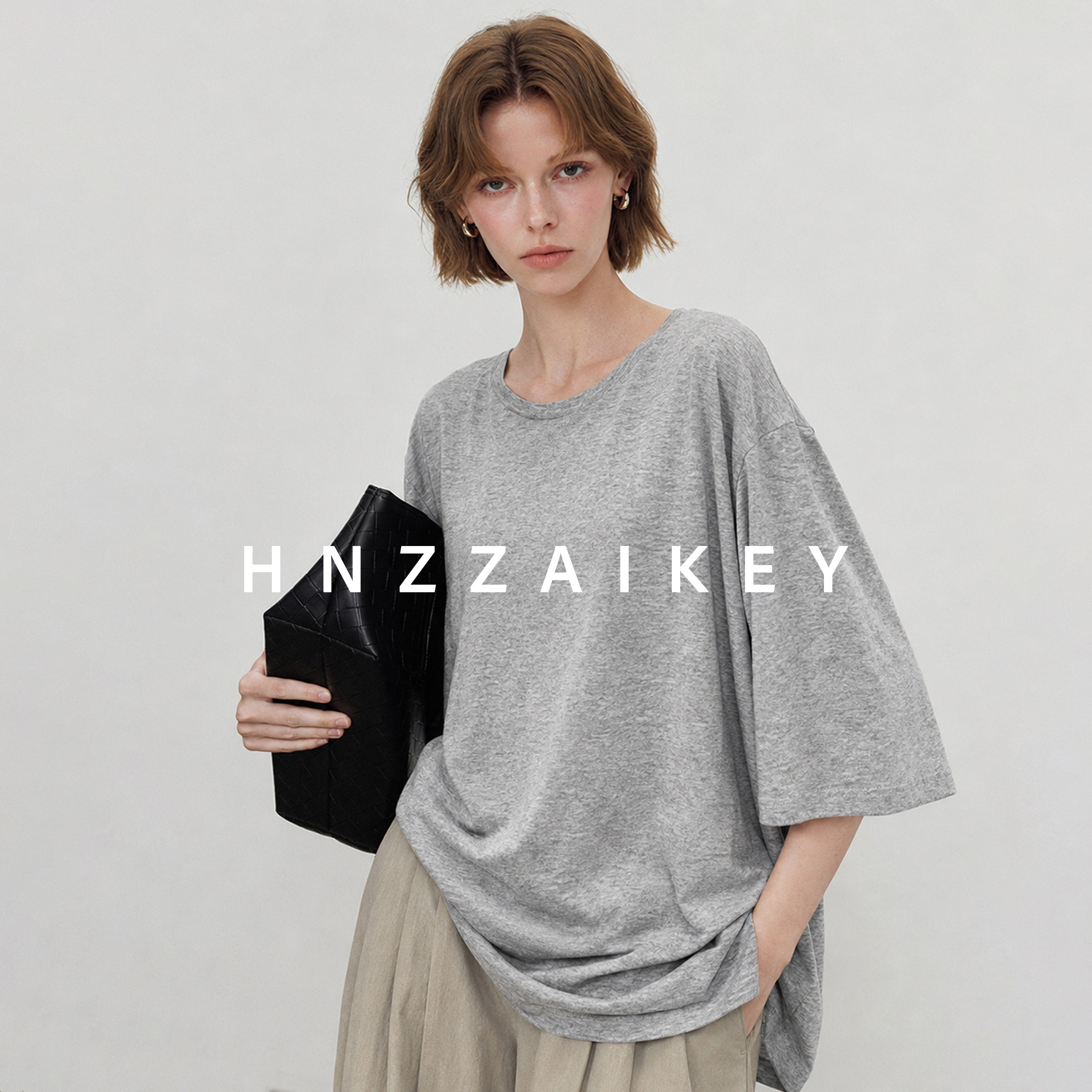 HNZZAIKEY/松弛感圆领T恤秋季新款宽松落肩五分袖上衣ECSS1059
