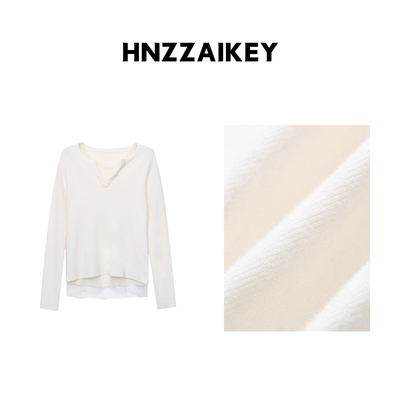 HNZZAIKEY 韩系温柔风假两件网纱拼接纽扣V领针织衫毛衣 MQ1063