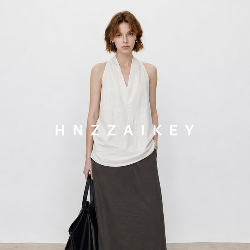 HNZZAIKEY 法式亚麻V领挂脖背心度假风吊带上衣小衫T恤EC8754