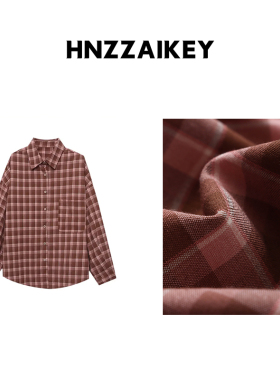 HNZZAIKEY 韩系慵懒风撞色格纹翻领宽松休闲长袖衬衫 MQ0685