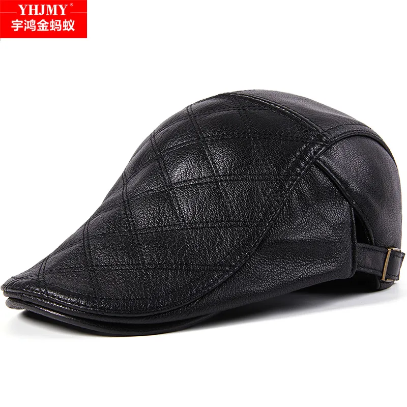真皮帽子男女士青年羊皮贝雷帽秋冬前进鸭舌帽保暖中老年棉防寒潮