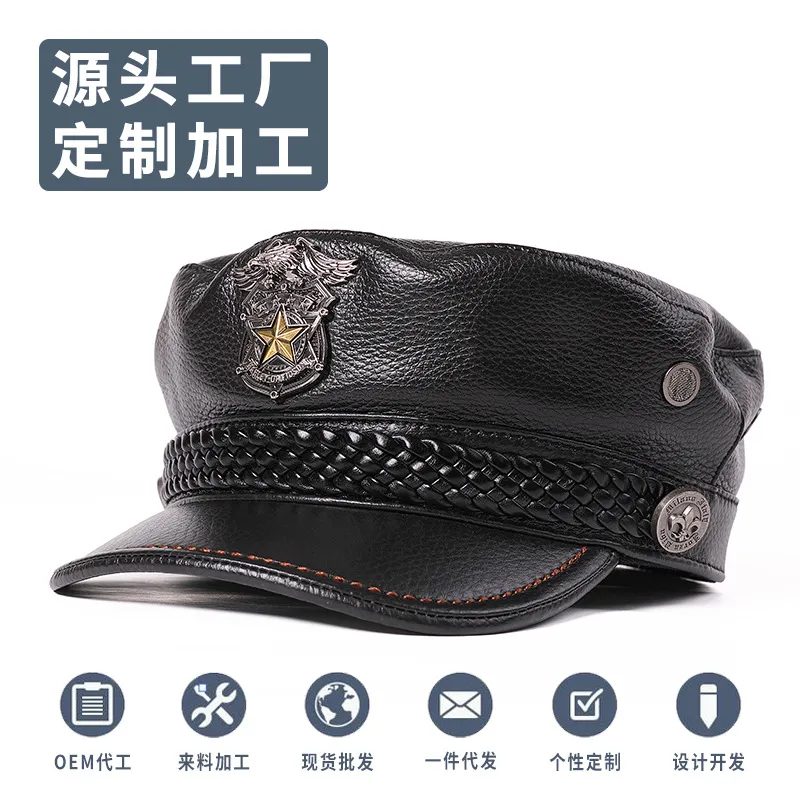 真皮帽子秋冬季韩版哈雷机车帽男女德国休闲时尚头层牛皮