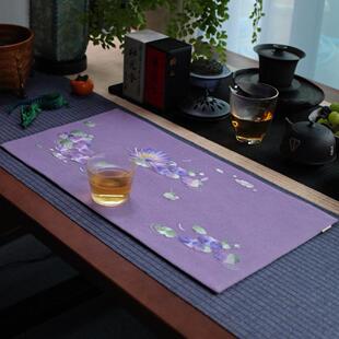 茶席干泡茶道文艺 引之紫莲刺绣茶垫棉麻茶席布艺礼品复古茶布中式