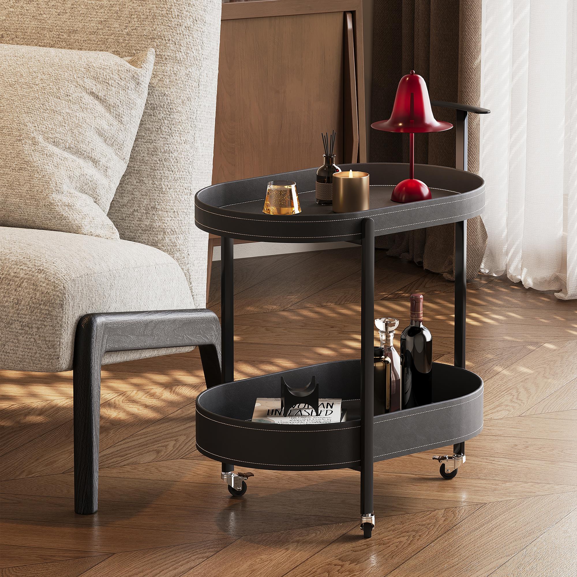 意式高级感边几带轮可移动轻奢覆古客厅马鞍皮沙发边桌小推车茶几