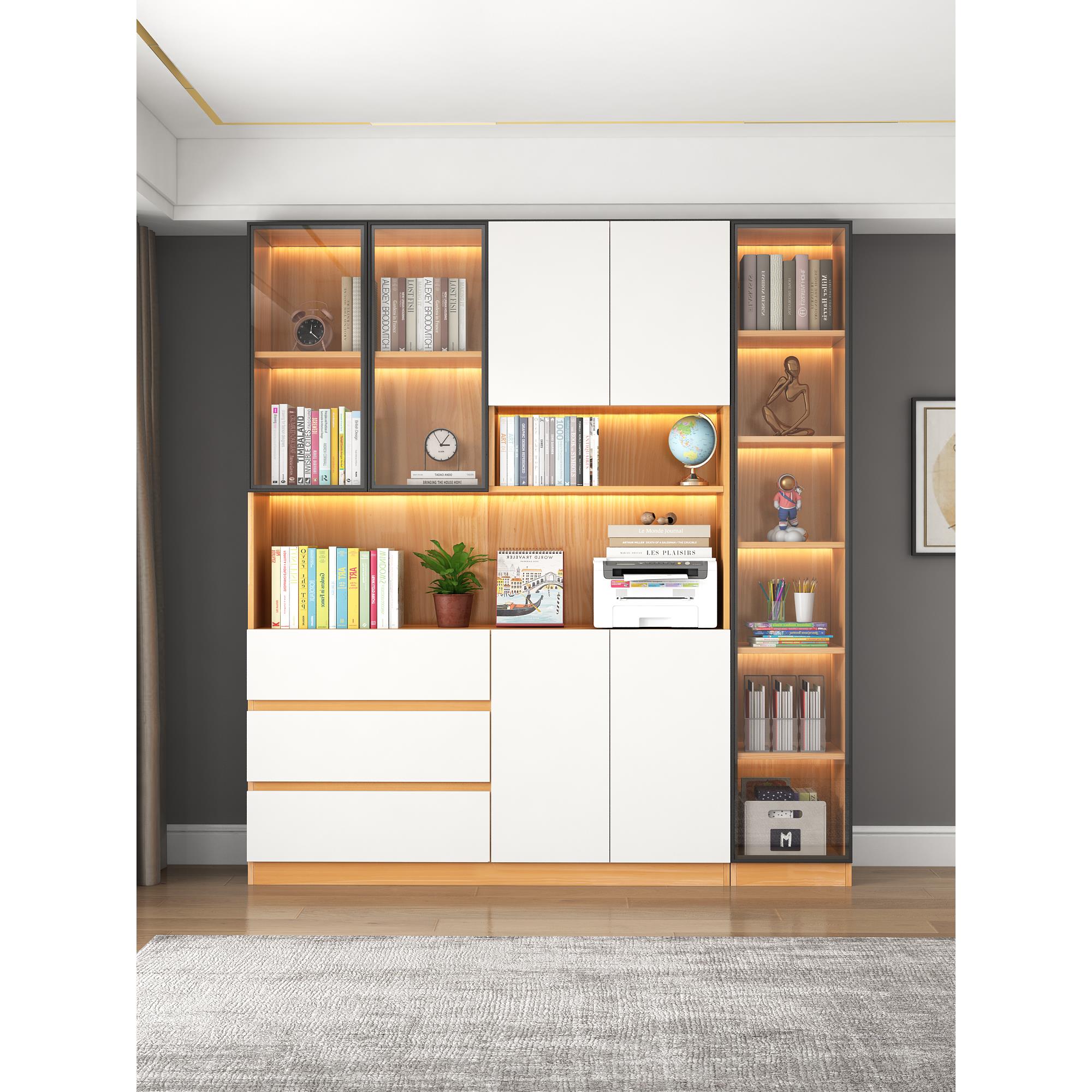 实木书柜书架一体组合满墙客厅轻奢玻璃办公室家用收纳储物置物架