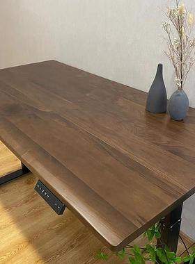 北美黑胡桃木电动升降台式电脑桌家用学习桌站立办公中学生实木桌