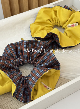 韩系ab面黄色拼格子布艺大肠发圈女感扎头发绳慵懒风头绳头花