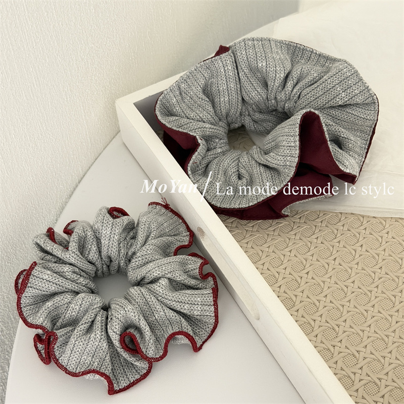 韩版灰色针织红锁边大肠发圈扎马尾皮筋头绳小众AB面撞色双拼发绳