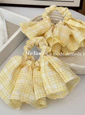 网红黄色清新格纹大肠发圈韩系慵懒裙摆头绳甜美气质格子发绳