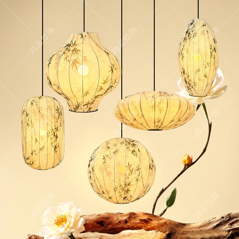 中式饭厅吊灯中古风布艺吧台灯中国风茶室宋氏美学竹子圆形客厅灯