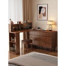 全实木梳妆台斗柜一体2025新款小户型卧室中古风可伸缩转角化妆桌