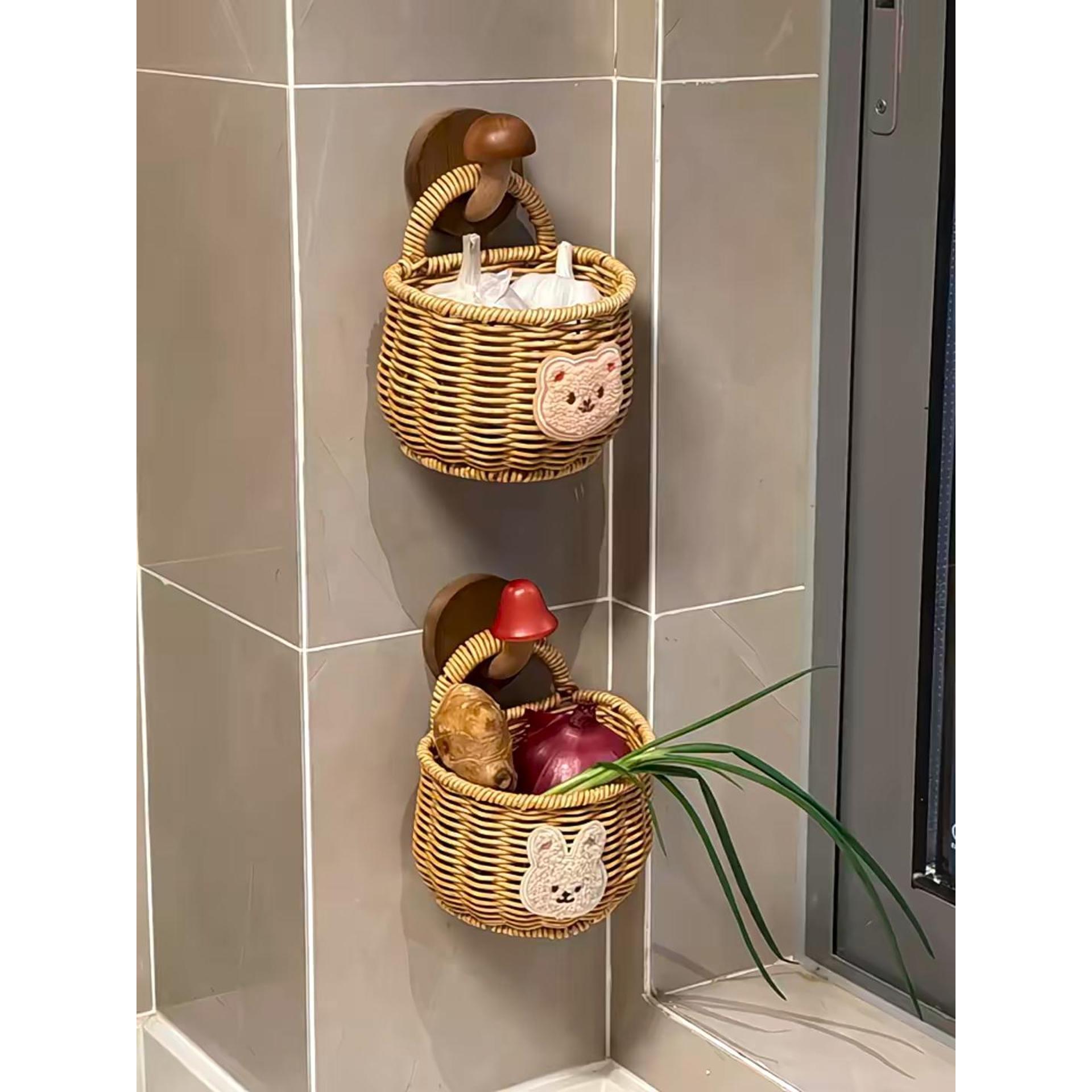 姜蒜收纳篮卡通小熊厨房藤编织鸡蛋生姜大蒜收纳筐壁挂式置物盒