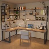 简约实木转角书桌书架组合靠墙L型电脑桌拐角书桌书架一体桌书柜