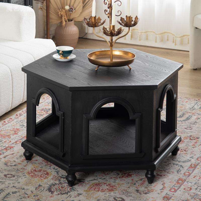 法式中古风客厅茶几实木民宿服装店咖啡桌新款黑色高级沙发边几