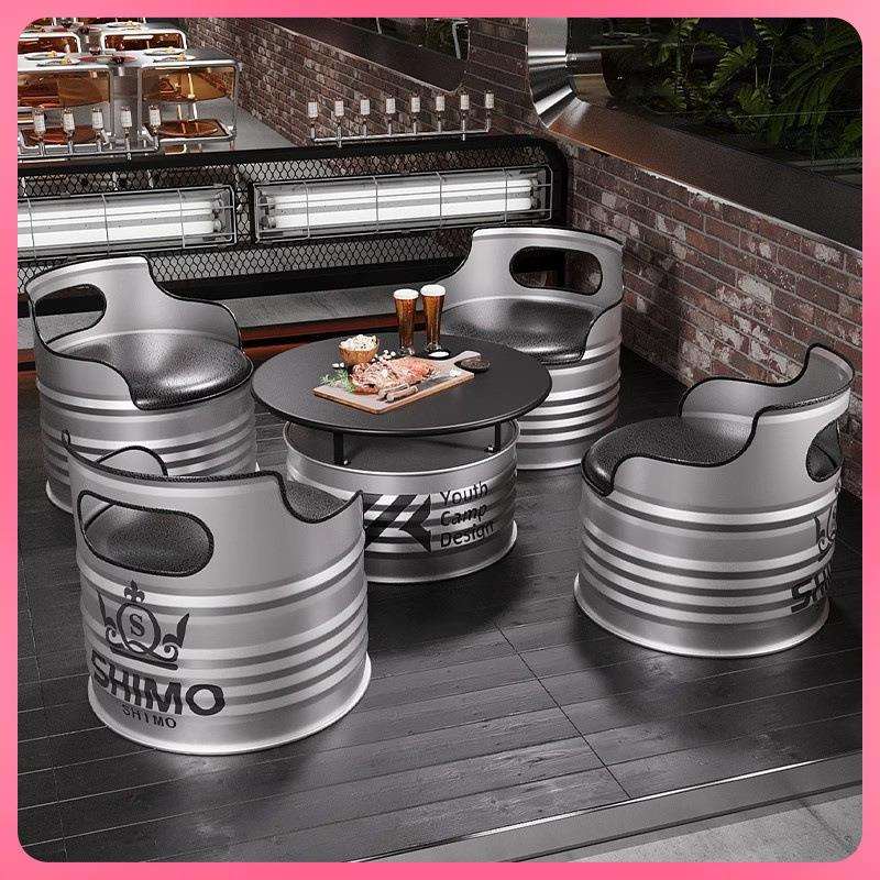 ◊工业风油桶沙发酒吧清吧卡座奶茶店办公室休息区铁艺茶几桌椅组