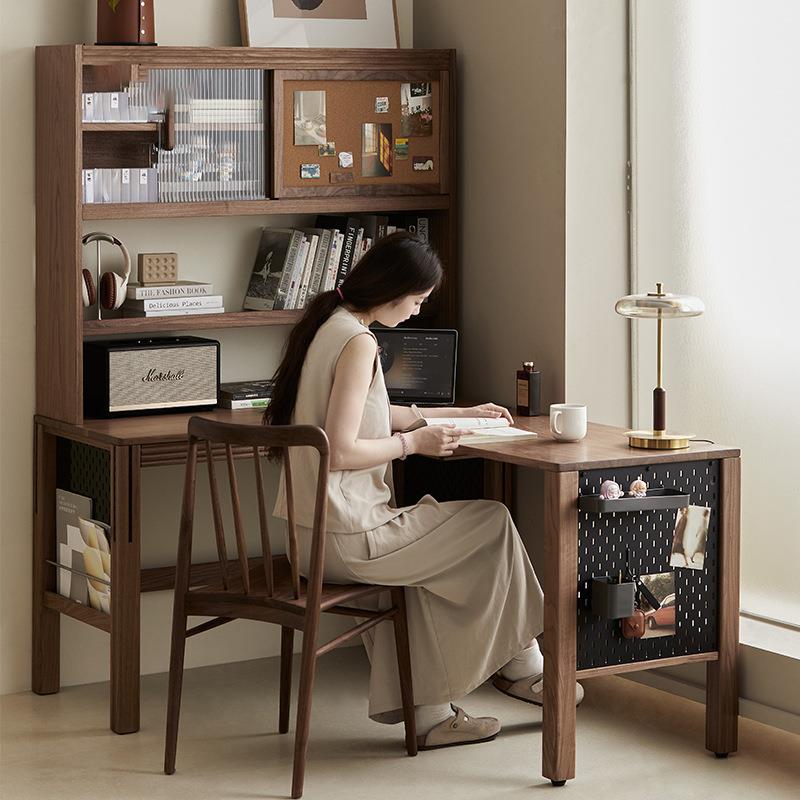 威隆家具/实木转角书桌书架一体书柜拐角l型电脑桌黑胡桃木学习桌