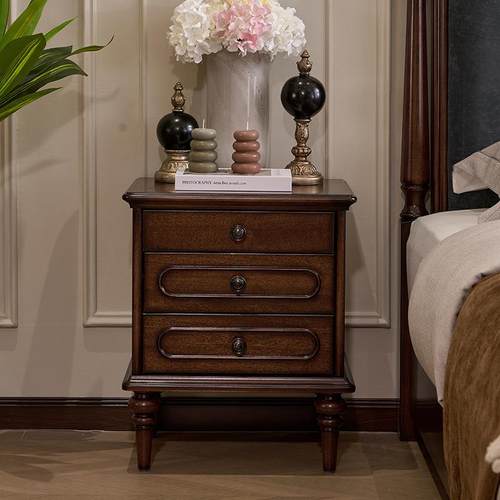 法式桃花心实木床头柜美式复古三抽屉床边柜储物柜中古卧室家具