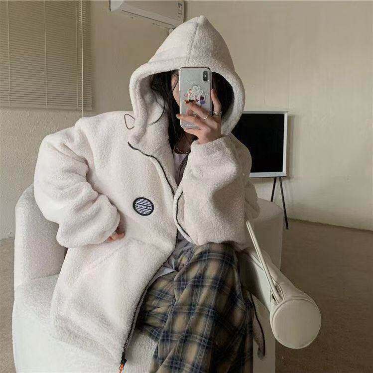 秋冬季羊羔毛连帽外套女情侣百搭加绒加厚白色开衫宽松大码棉服女
