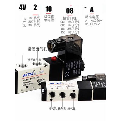气动电磁阀4V21008V电磁电阀4VV310-10控制阀220气阀24V0-6