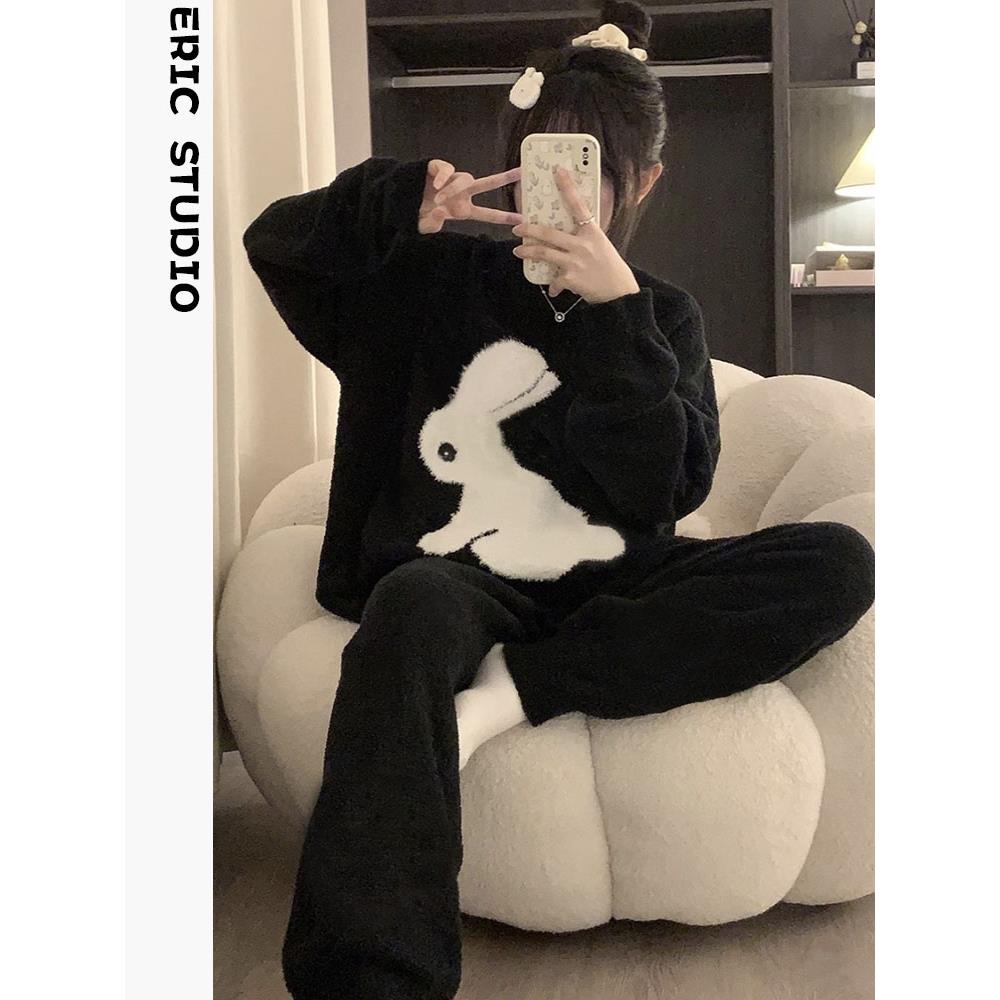 甜美可爱加绒加厚半边绒睡衣女2025冬季新款珊瑚绒家居服发热衣裤