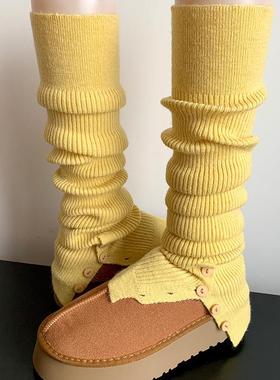 鹅黄色纽扣开叉长筒堆堆袜套女秋冬y2k奶白色洛丽塔过膝针织腿套