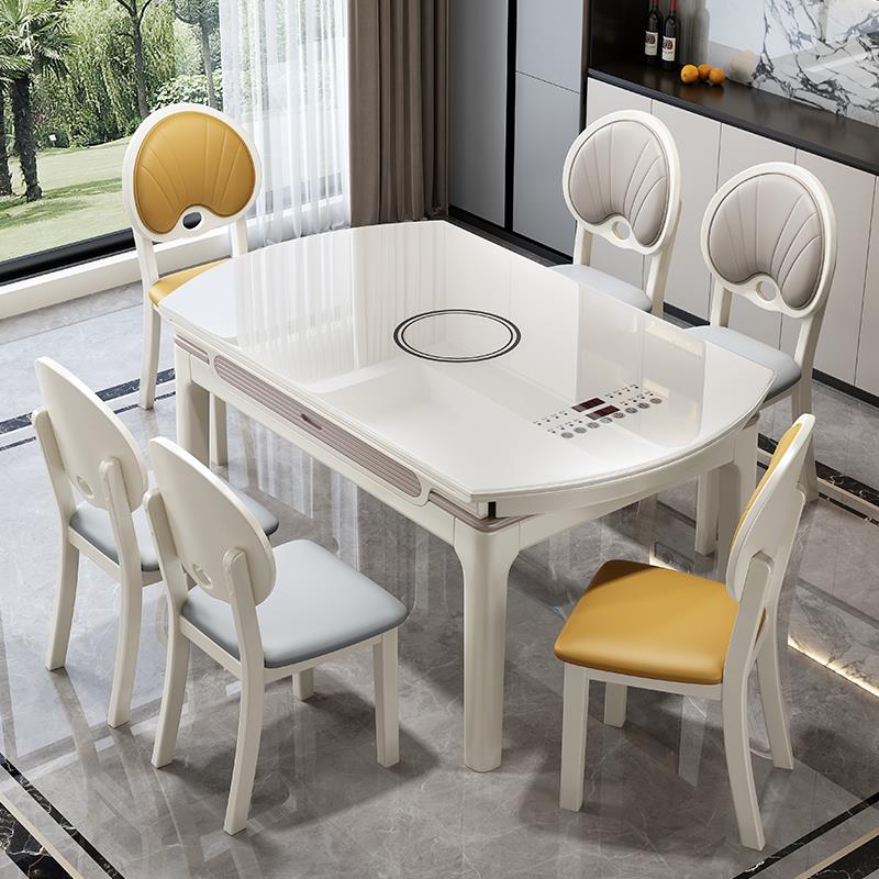 流晶石暖菜餐桌椅组合玻璃可伸缩玻璃电磁炉圆桌家用实木吃饭桌子