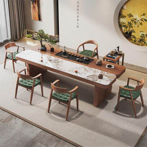 新中式实木大板茶台茶桌椅组合一桌五椅岩板办公家用功夫泡茶台