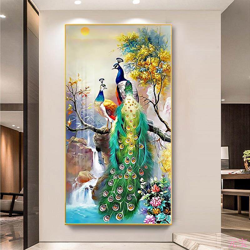 客厅大白墙面装饰画入户门玄关过道走廊尽头壁画孔雀凤凰晶瓷挂画