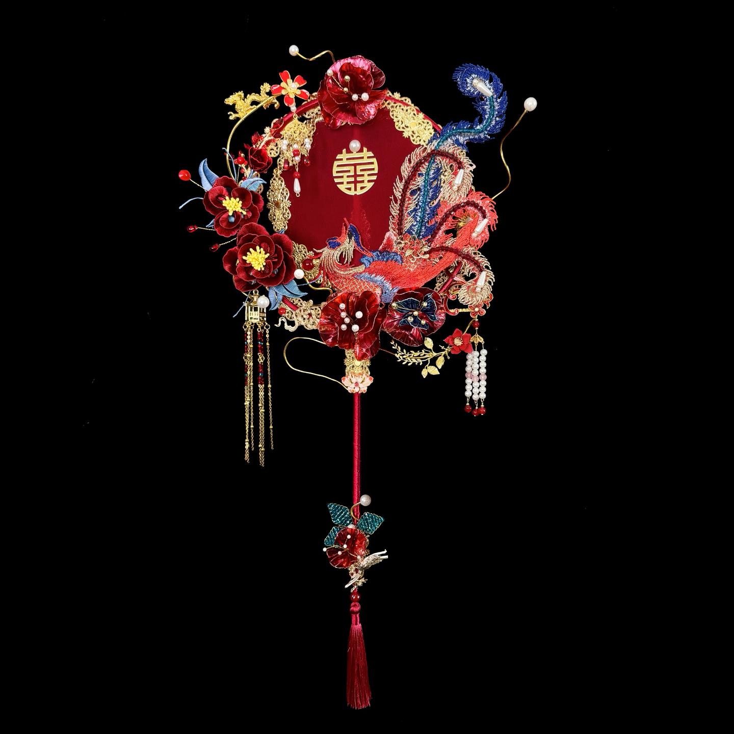 日月原创设计新品凤羽团扇新娘国潮风结婚婚礼喜扇手工diy材料包