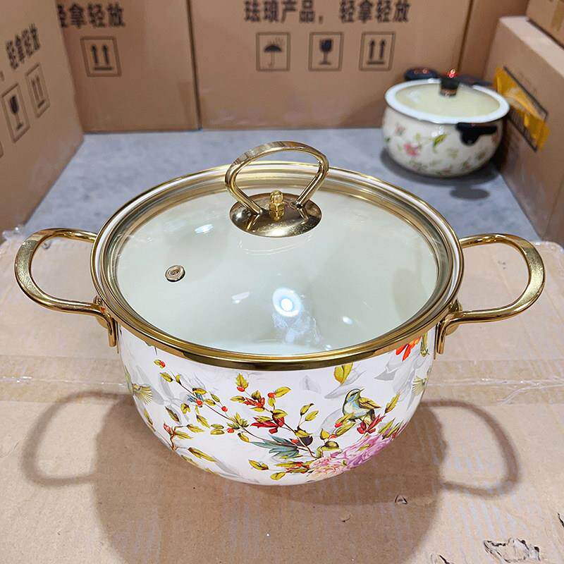 20cm汤锅花鸟搪瓷珐瑯搪瓷汤锅双耳加厚炖锅煮食平底锅电磁炉
