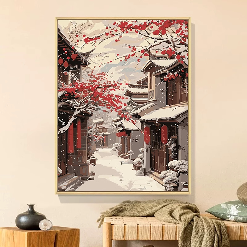 中国风冬日雪景数字油画diy填充填色手工绘风景丙烯油彩画装饰画