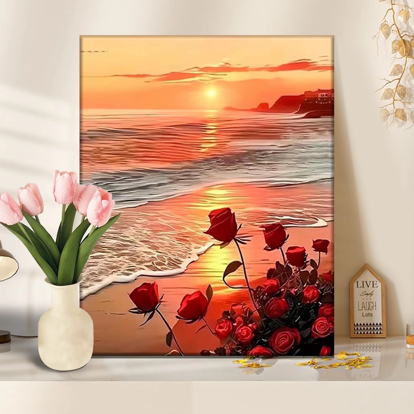 日出玫瑰|diy数字油画手绘海边花卉景色治愈系减压油彩涂色画