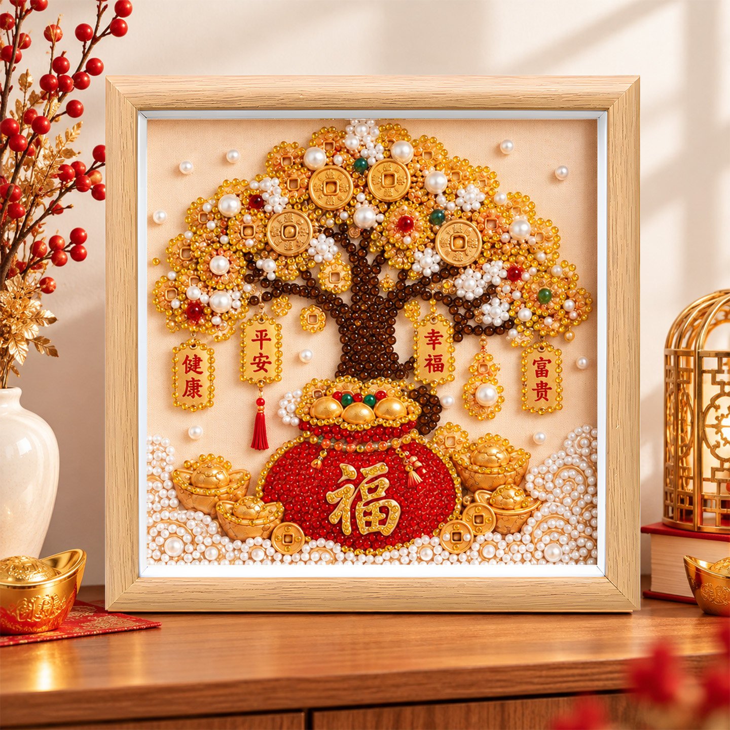 发财树招财神珍珠diy装饰画
