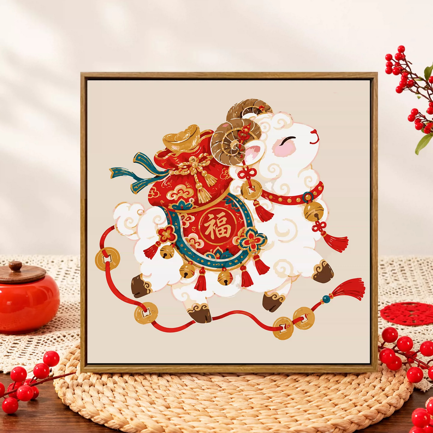 福气小羊diy数字油画填涂色手工绘羊年好寓意可爱简单油彩装饰画