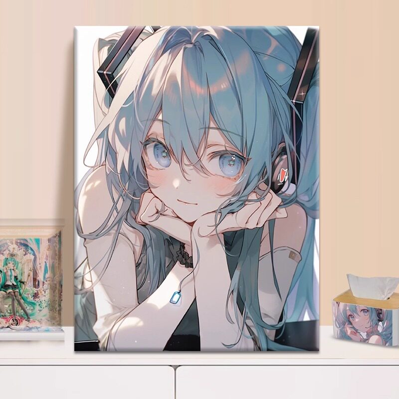 初音未来diy数字油画填充涂色手工绘卡通动漫少女丙烯油彩装饰画