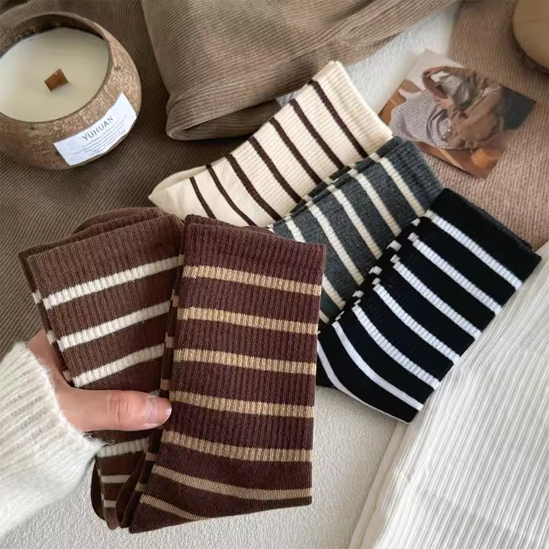 春秋中筒美式条纹堆堆袜