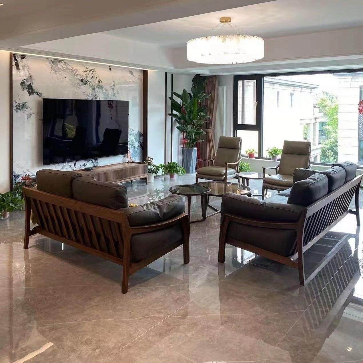 新中式北美黑胡桃木真皮沙发宋式美学2025现代简约家用办公室家俱