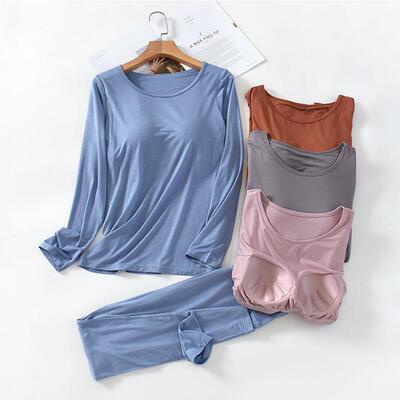 莫代尔内衣套装女春秋季薄款带胸垫长袖圆领高腰打底秋衣卫生裤美