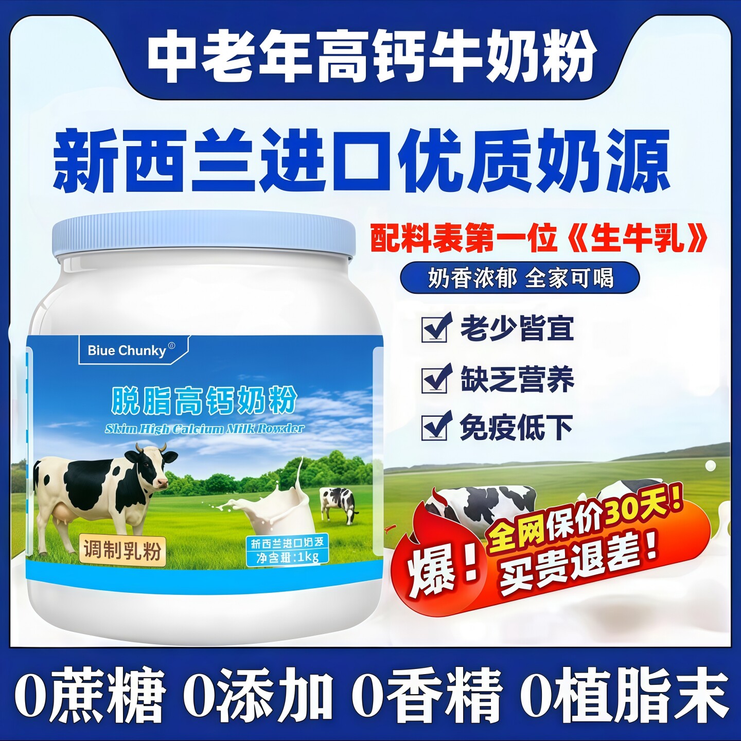 新西兰原装进口奶源脱脂全脂高钙牛奶粉中老年成人补钙提高免疫力
