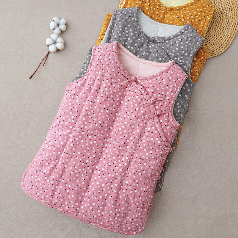 纯棉花中式盘扣马夹女加厚保暖修身碎花马甲茶艺古典秋冬外穿背心